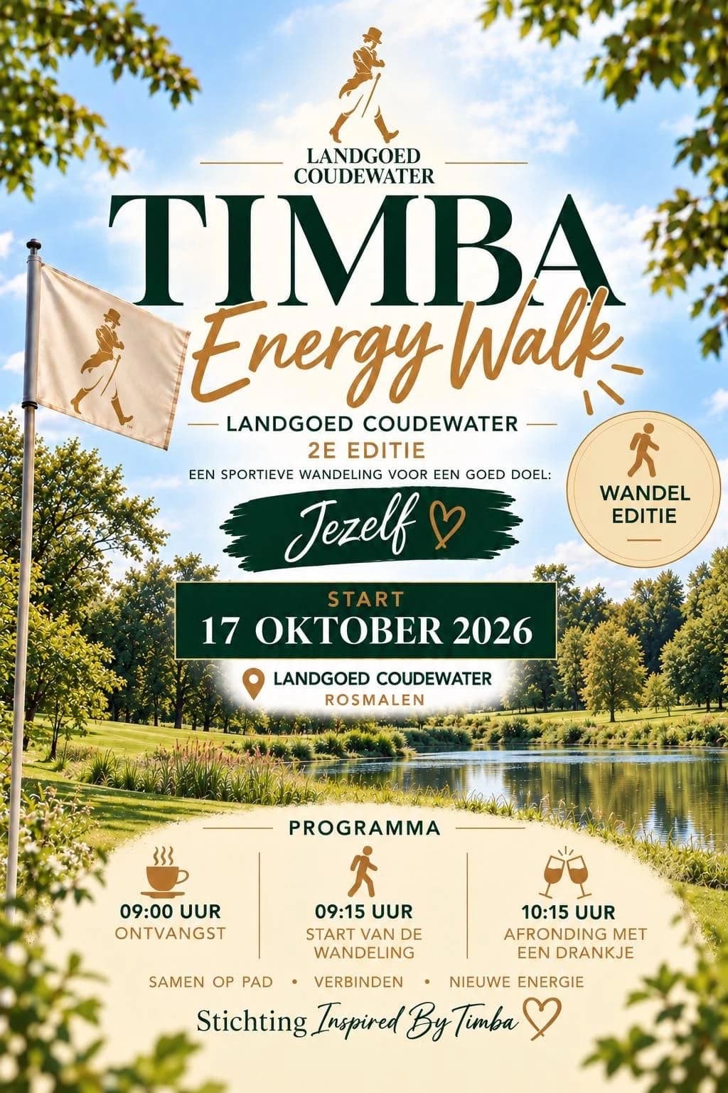Poster Timba Energy Walk — 2e editie, zaterdag 17 oktober 2026 bij Landgoed Coudewater, Rosmalen