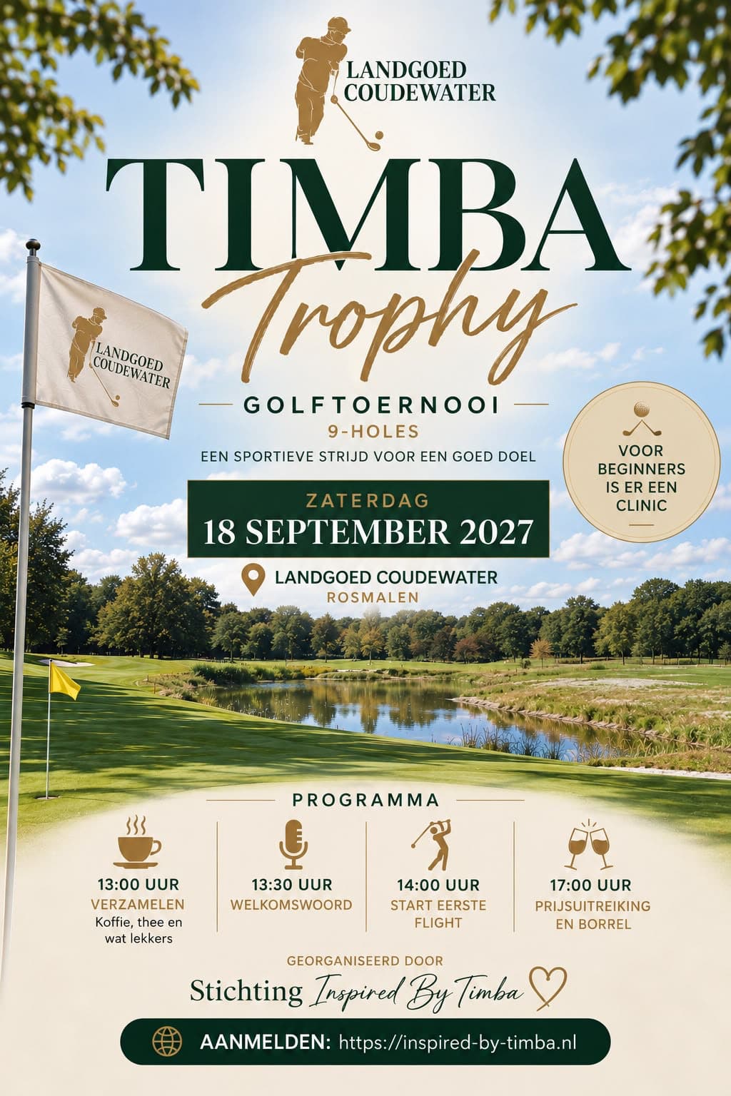 Poster Timba Trophy — golftoernooi 9-holes op zaterdag 18 september 2027 bij Landgoed Coudewater, Rosmalen